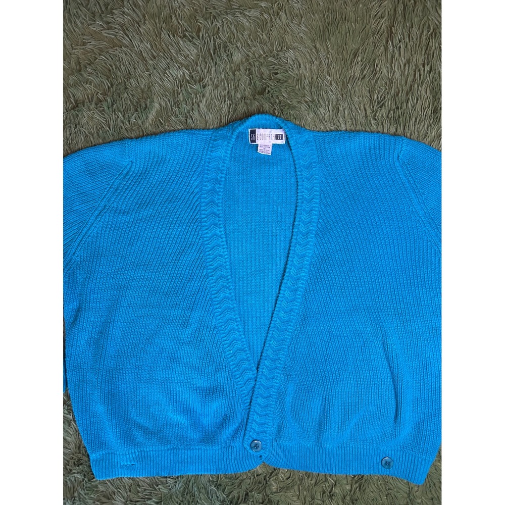 SK & Company Cardigan Women 1X Blue Knit Sweater Chevron Trim Ramie Cotton VTG